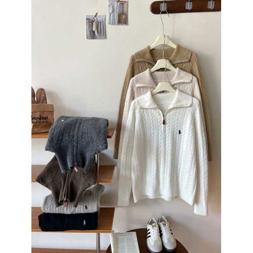 復古半拉鍊翻立領小馬刺綉麻花毛衣女秋松弛感慵懶百搭休閒針織衫