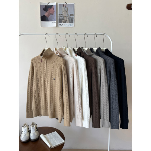 復古半拉鍊翻立領小馬刺綉麻花毛衣女秋松弛感慵懶百搭休閒針織衫