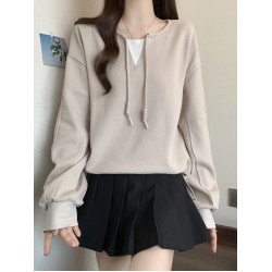 大碼假兩件套頭衛衣女秋冬胖mm寬松遮肉小衆獨特撞色抽繩正肩上衣