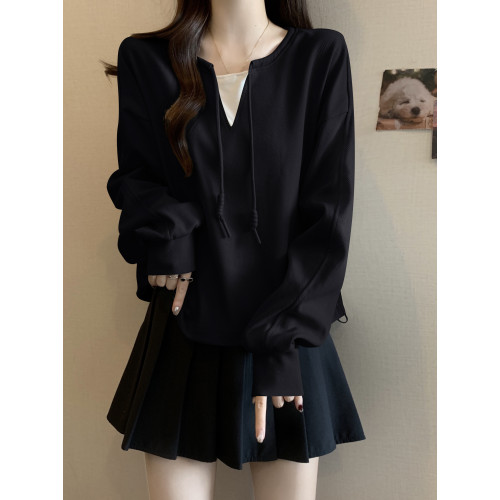 大碼假兩件套頭衛衣女秋冬胖mm寬松遮肉小衆獨特撞色抽繩正肩上衣 大碼假兩件套頭衛衣女秋冬胖mm寬松遮肉小衆獨特撞色抽繩正肩上衣