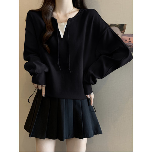 大碼假兩件套頭衛衣女秋冬胖mm寬松遮肉小衆獨特撞色抽繩正肩上衣 大碼假兩件套頭衛衣女秋冬胖mm寬松遮肉小衆獨特撞色抽繩正肩上衣