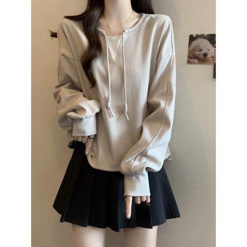 大碼假兩件套頭衛衣女秋冬胖mm寬松遮肉小衆獨特撞色抽繩正肩上衣 大碼假兩件套頭衛衣女秋冬胖mm寬松遮肉小衆獨特撞色抽繩正肩上衣