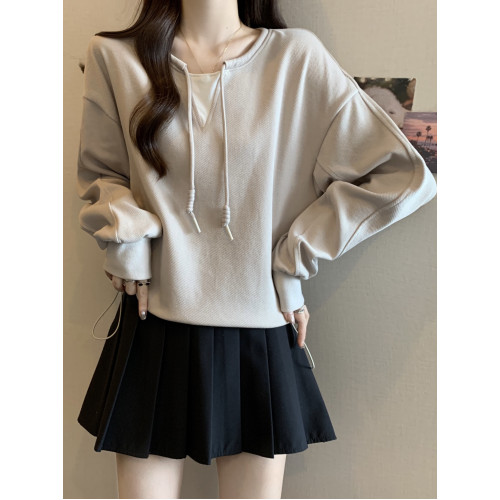 大碼假兩件套頭衛衣女秋冬胖mm寬松遮肉小衆獨特撞色抽繩正肩上衣 大碼假兩件套頭衛衣女秋冬胖mm寬松遮肉小衆獨特撞色抽繩正肩上衣