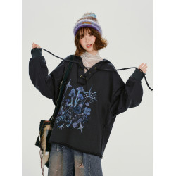 Girlyhalo美式復古印花V領連帽衛衣女秋季新款設計感寬松休閒上衣