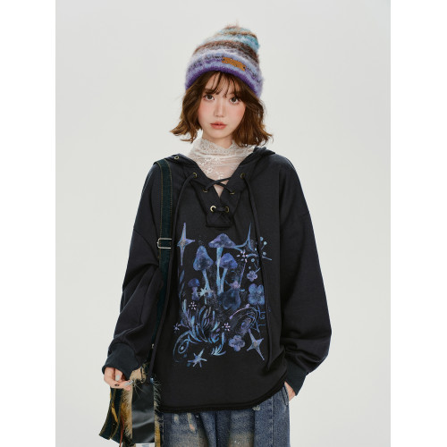 Girlyhalo美式復古印花V領連帽衛衣女秋季新款設計感寬松休閒上衣 Girlyhalo美式復古印花V領連帽衛衣女秋季新款設計感寬松休閒上衣