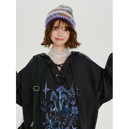 Girlyhalo美式復古印花V領連帽衛衣女秋季新款設計感寬松休閒上衣 Girlyhalo美式復古印花V領連帽衛衣女秋季新款設計感寬松休閒上衣