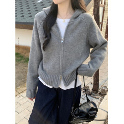 簡約風純色連帽拉鍊開衫加厚2025秋新款韓版百搭寬松顯瘦針織上衣