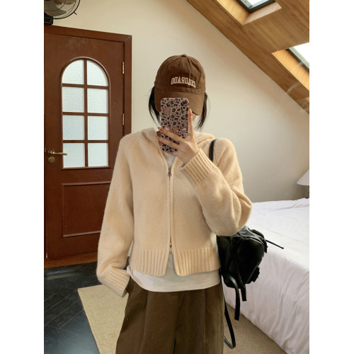 簡約風純色連帽拉鍊開衫加厚2025秋新款韓版百搭寬松顯瘦針織上衣