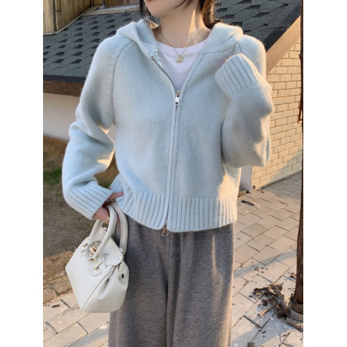 簡約風純色連帽拉鍊開衫加厚2025秋新款韓版百搭寬松顯瘦針織上衣