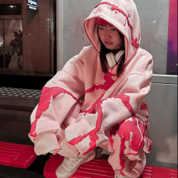 美式辣妹秋冬撞色裂紋印花連帽衛衣街頭休閒開衫外套運動長褲套裝