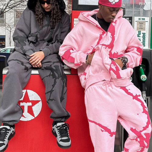 美式辣妹秋冬撞色裂紋印花連帽衛衣街頭休閒開衫外套運動長褲套裝