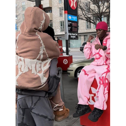 美式辣妹秋冬撞色裂紋印花連帽衛衣街頭休閒開衫外套運動長褲套裝