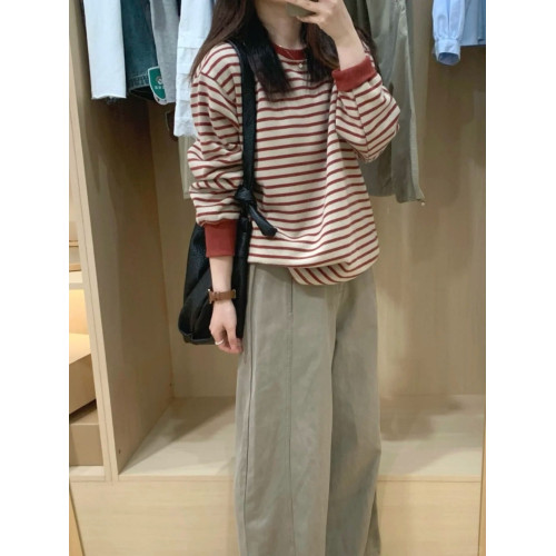 韓系設計感拼接紅灰色條紋圓領衛衣女秋季寬松軟糯加厚長袖上衣