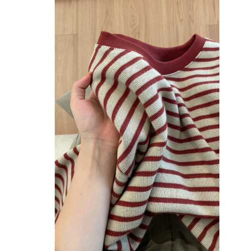 韓系設計感拼接紅灰色條紋圓領衛衣女秋季寬松軟糯加厚長袖上衣