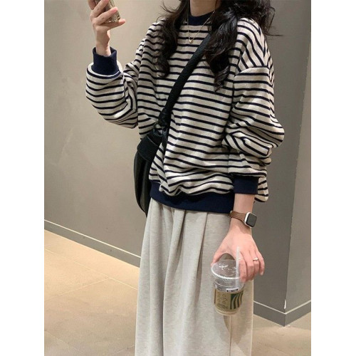 韓系設計感拼接紅灰色條紋圓領衛衣女秋季寬松軟糯加厚長袖上衣