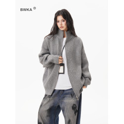 灰色重磅半高領毛衣外套女男秋季潮牌cleanfit慵懶感百搭針織開衫