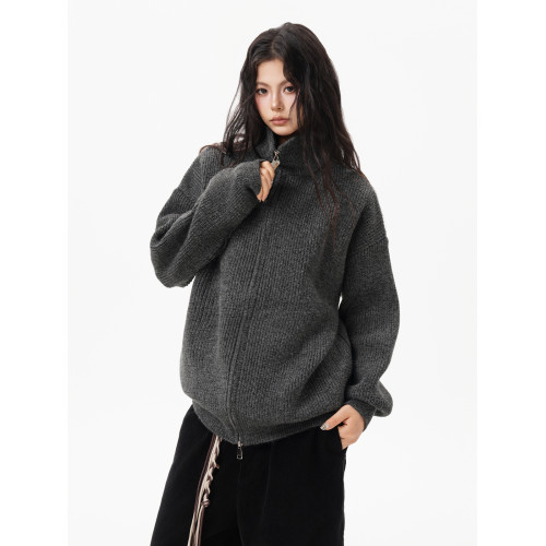 灰色重磅半高領毛衣外套女男秋季潮牌cleanfit慵懶感百搭針織開衫 灰色重磅半高領毛衣外套女男秋季潮牌cleanfit慵懶感百搭針織開衫