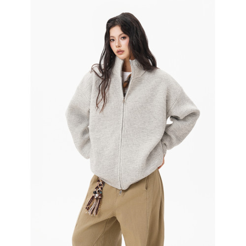 灰色重磅半高領毛衣外套女男秋季潮牌cleanfit慵懶感百搭針織開衫 灰色重磅半高領毛衣外套女男秋季潮牌cleanfit慵懶感百搭針織開衫