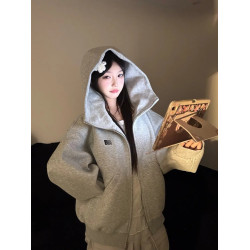 美式連帽高領開衫灰色衛衣外套女2025新款高街oversize寬松上衣服