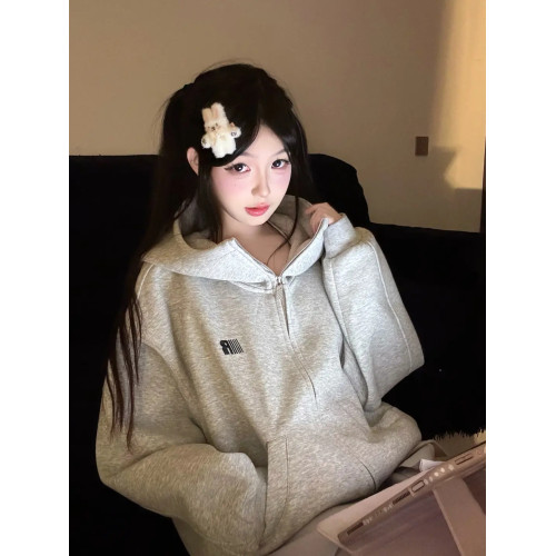 美式連帽高領開衫灰色衛衣外套女2025新款高街oversize寬松上衣服 美式連帽高領開衫灰色衛衣外套女2025新款高街oversize寬松上衣服