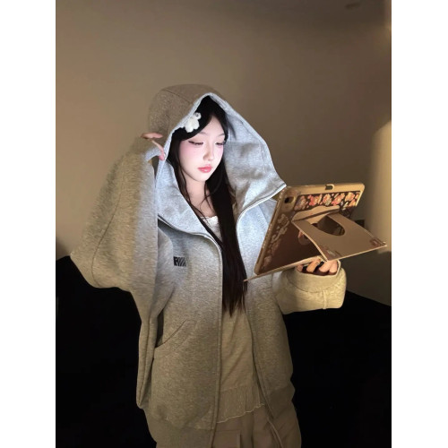 美式連帽高領開衫灰色衛衣外套女2025新款高街oversize寬松上衣服 美式連帽高領開衫灰色衛衣外套女2025新款高街oversize寬松上衣服