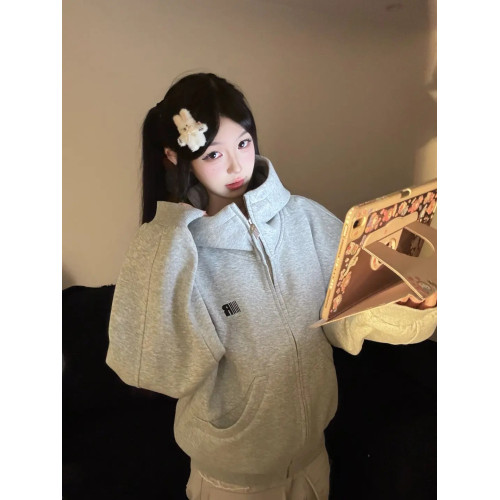 美式連帽高領開衫灰色衛衣外套女2025新款高街oversize寬松上衣服 美式連帽高領開衫灰色衛衣外套女2025新款高街oversize寬松上衣服