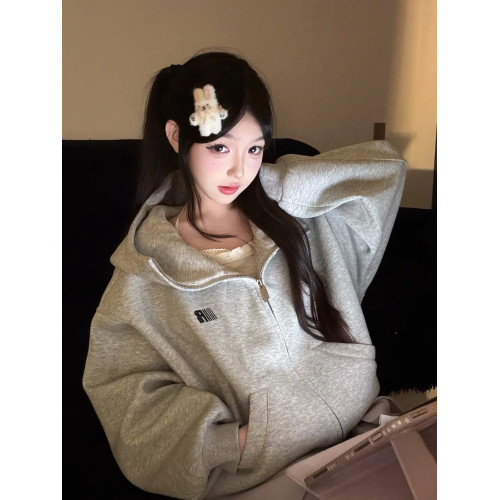 美式連帽高領開衫灰色衛衣外套女2025新款高街oversize寬松上衣服 美式連帽高領開衫灰色衛衣外套女2025新款高街oversize寬松上衣服