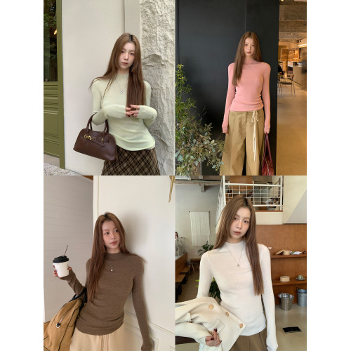 紅人館套頭毛衣女春季慵嬾高級感半高領上衣長袖修身設計感針織衫