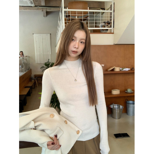 紅人館套頭毛衣女春季慵嬾高級感半高領上衣長袖修身設計感針織衫