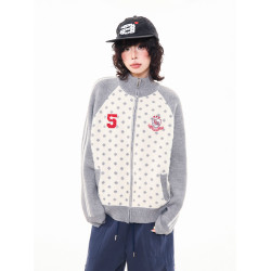 MKGO 美式復古波點貼布綉開衫毛衣女秋季寬松拼色插肩袖針織外套