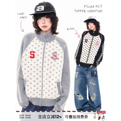 MKGO 美式復古波點貼布綉開衫毛衣女秋季寬松拼色插肩袖針織外套 MKGO 美式復古波點貼布綉開衫毛衣女秋季寬松拼色插肩袖針織外套