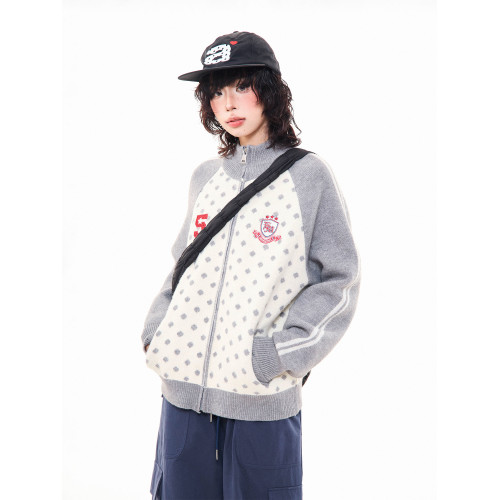 MKGO 美式復古波點貼布綉開衫毛衣女秋季寬松拼色插肩袖針織外套 MKGO 美式復古波點貼布綉開衫毛衣女秋季寬松拼色插肩袖針織外套