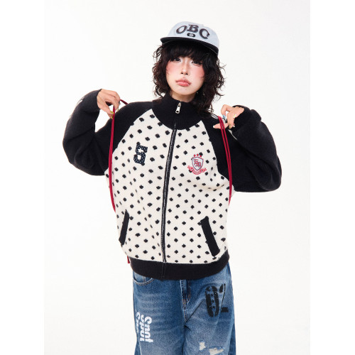 MKGO 美式復古波點貼布綉開衫毛衣女秋季寬松拼色插肩袖針織外套 MKGO 美式復古波點貼布綉開衫毛衣女秋季寬松拼色插肩袖針織外套