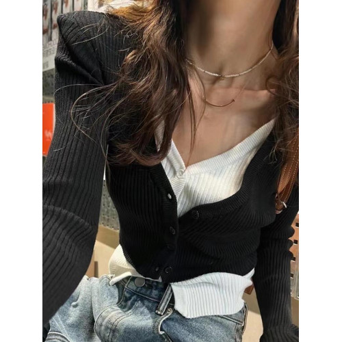 韓系玫紅色v領修身假兩件針織開衫秋季新款純欲風辣妹長袖上衣女