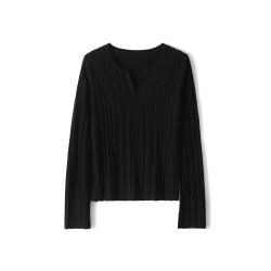 「絲語柔光」秋V領含桑蠶絲羊毛混紡竪坑條鼓包設計針織衫上衣の