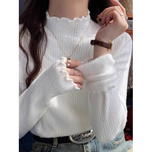 白色加絨打底衫女秋冬季內搭毛衣加厚保暖一體絨木耳邊半高領上衣