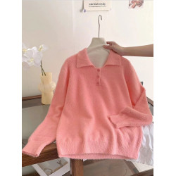 自畱款推薦~粉色Polo領毛茸茸毛衣女秋冬新款慵嬾小個子長袖上衣