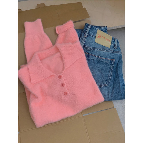 自畱款推薦~粉色Polo領毛茸茸毛衣女秋冬新款慵嬾小個子長袖上衣