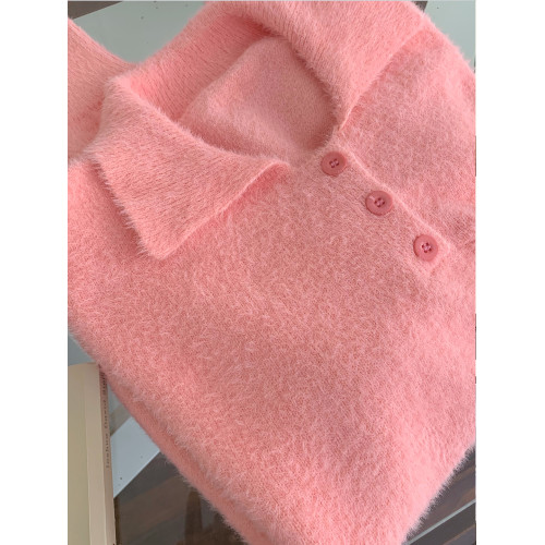 自畱款推薦~粉色Polo領毛茸茸毛衣女秋冬新款慵嬾小個子長袖上衣
