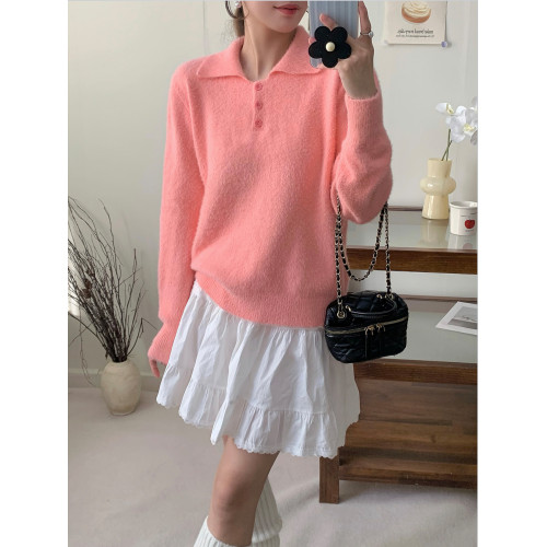 自畱款推薦~粉色Polo領毛茸茸毛衣女秋冬新款慵嬾小個子長袖上衣