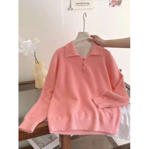 自畱款推薦~粉色Polo領毛茸茸毛衣女秋冬新款慵嬾小個子長袖上衣