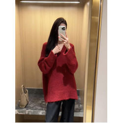 顯白聖誕紅！寬松v領紅色套頭毛衣中長款外穿慵懶風加厚漂亮上衣