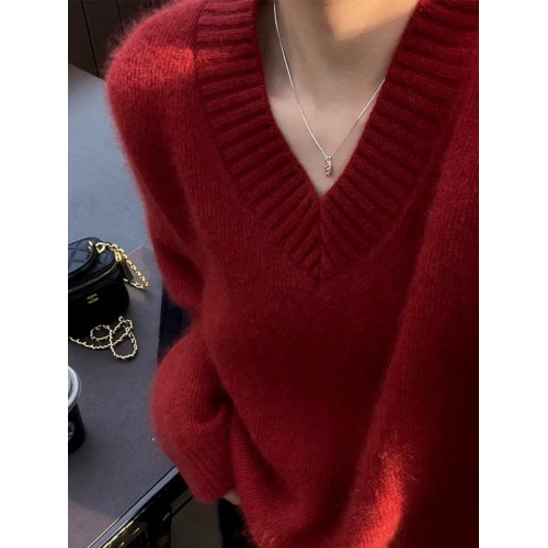 顯白聖誕紅!寬松v領紅色套頭毛衣中長款外穿慵懶風加厚漂亮上衣 顯白聖誕紅!寬松v領紅色套頭毛衣中長款外穿慵懶風加厚漂亮上衣