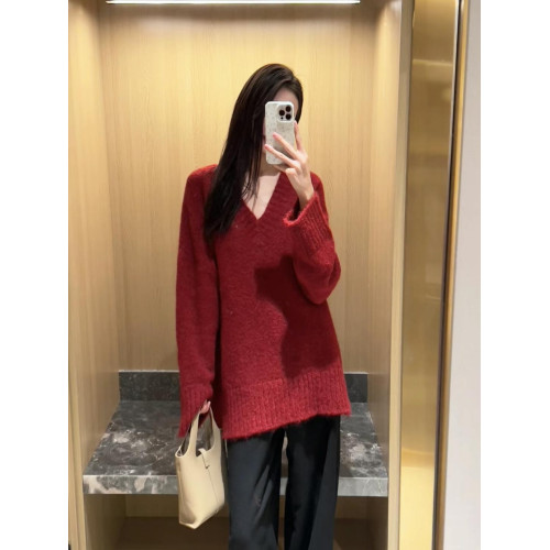 顯白聖誕紅!寬松v領紅色套頭毛衣中長款外穿慵懶風加厚漂亮上衣 顯白聖誕紅!寬松v領紅色套頭毛衣中長款外穿慵懶風加厚漂亮上衣