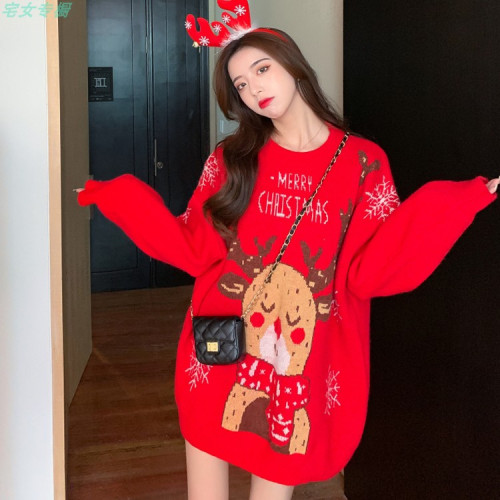 聖誕紅色毛衣麋鹿女秋冬外穿慵懶風寬松本命年2021針織衫加厚上衣 聖誕紅色毛衣麋鹿女秋冬外穿慵懶風寬松本命年2021針織衫加厚上衣