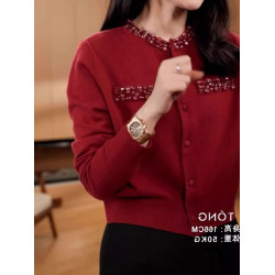 聖誕紅洋氣鑲鑽拼接圓領羊毛針織衫時髦小香風舒適百搭減齡毛衣女
