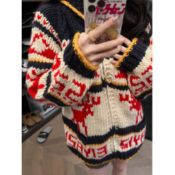 重工新年聖誕紅色費爾島拉鍊毛衣外套女秋冬慵懶中長款針織開衫厚