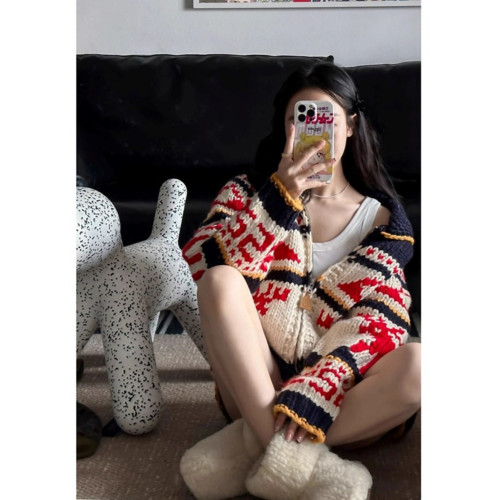 重工新年聖誕紅色費爾島拉鍊毛衣外套女秋冬慵懶中長款針織開衫厚