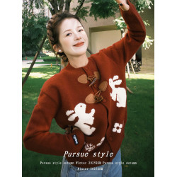 【暗紅絮語】聖誕紅色毛衣外套女秋冬兔子綉花針織開衫牛角釦上衣