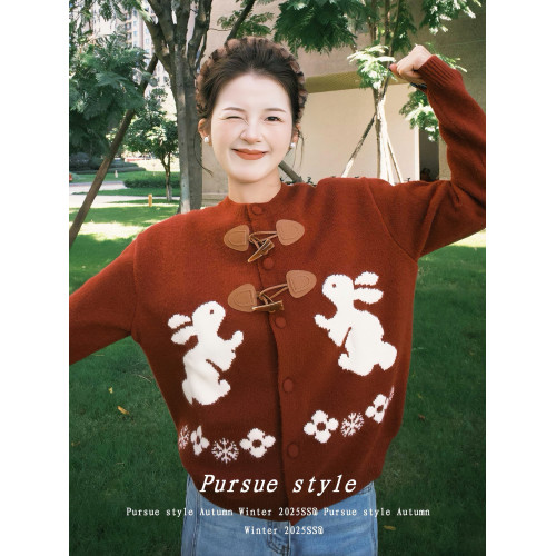【暗紅絮語】聖誕紅色毛衣外套女秋冬兔子綉花針織開衫牛角釦上衣